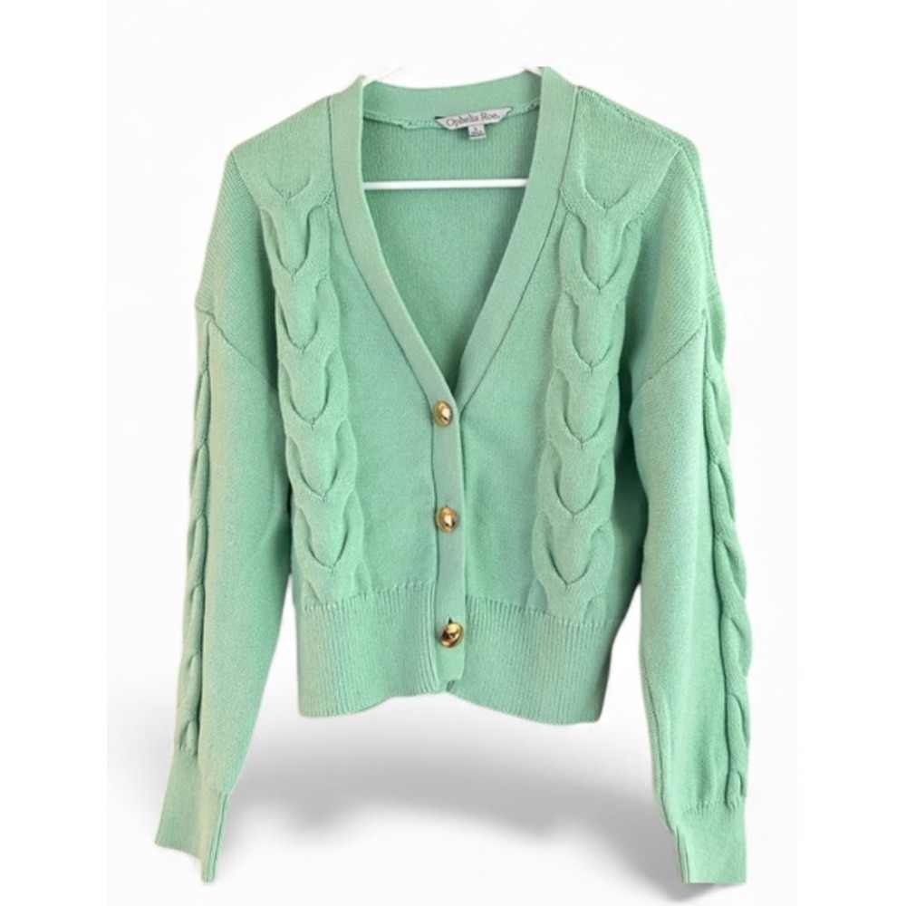 Ophelia Roe Mint Green Cable Knit V Neck Button Up Cardigan Sweater XL Cotton